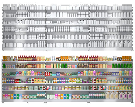 Mockup of metal retail shelving with product display and blank of goods. Colored and monochrome. 3d illustration transparent background