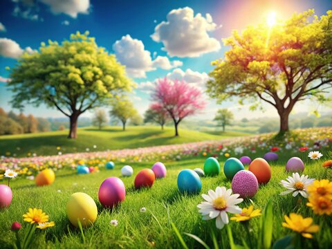 Vibrant Spring Easter Egg Hunt Landscape with Pastel Colors and Blossoming Flowers