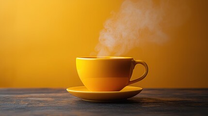 A steaming cup of coffee sits on a saucer against a vibrant yellow background. The warm, inviting colors create a cozy and comforting mood.