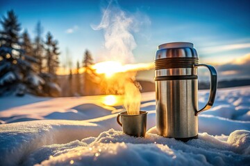 Warm Winter Drink: Thermos Mug in Snowy Landscape