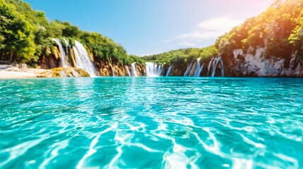 Crystal clear turquoise water flows over cascading waterfalls into a pristine lake.