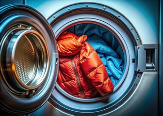 Washing Machine Cleaning: Close-up of Dirty Down Jacket in Open Door, Ready for Laundry