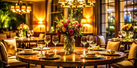 Warmly Lit Restaurant Round Dining Table Elegant Glassware Floral Centerpiece Stock Photo
