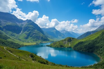 Serene Lake Reflection amidst Lush Hills and Majestic Mountains