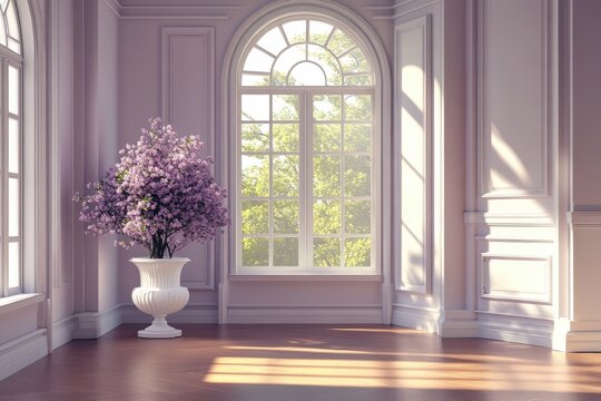 Fototapeta Sunlit interior with large window and elegant flower arrangement in white vase