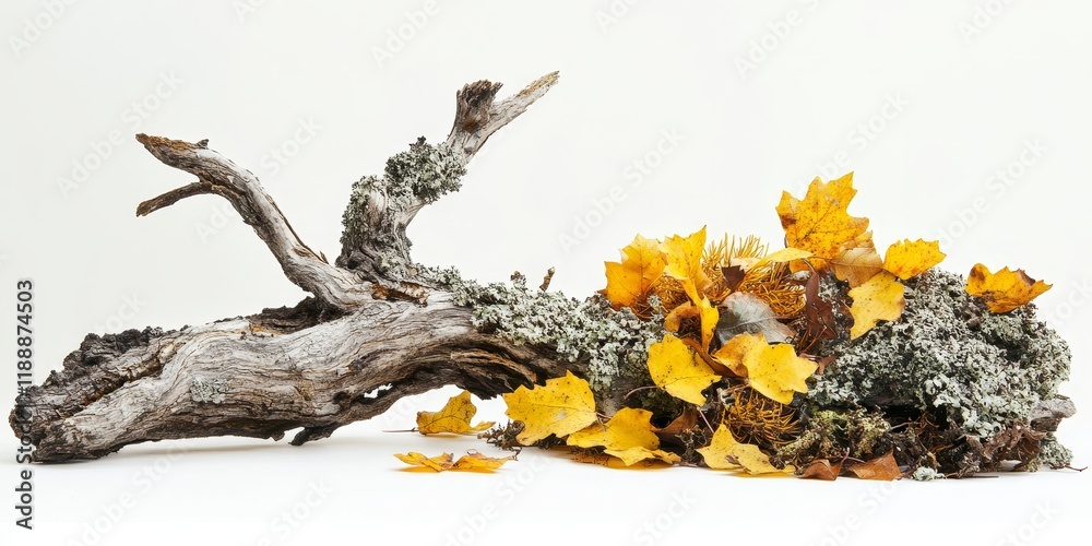 Leinwandbilder Dry, decayed tree branch accompanied by lichen and a pile of autumn conifer yellow leaves and needles, creating a unique composition, all set against a white background.