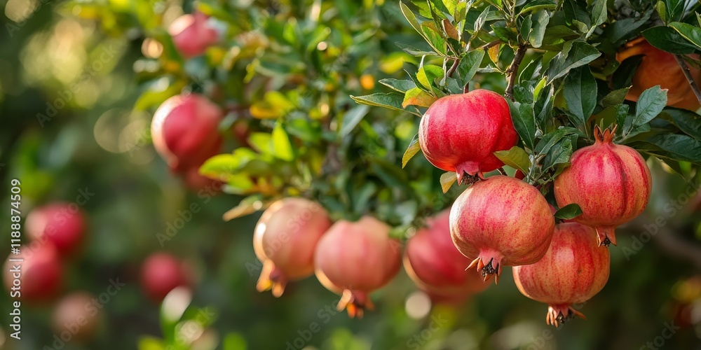 Poster front view of a pomegranate tree showcasing ripe fruit, ideal for harvest. the pomegranate tree disp