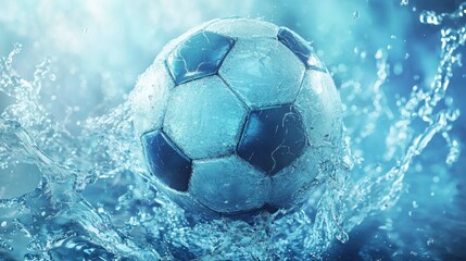 A wet soccer ball emerges from the water, creating a dynamic splash. The cool blue tones and the water's movement capture a sense of action and energy.