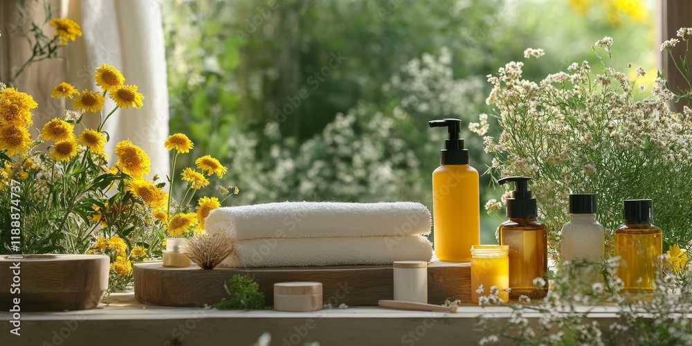 Poster serene nature inspired yellow spa setting featuring wildflowers and a selection of day spa cosmetics