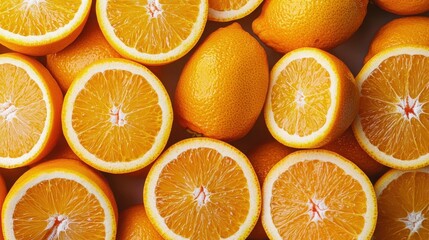 Fototapeta premium A vibrant close-up shot of juicy oranges, some sliced in half, showcasing their bright, sunny color and fresh texture.