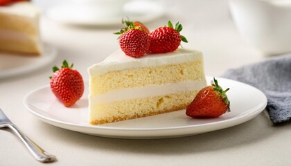 a single slice of tres leches cake adorned with strawberries on a white plate