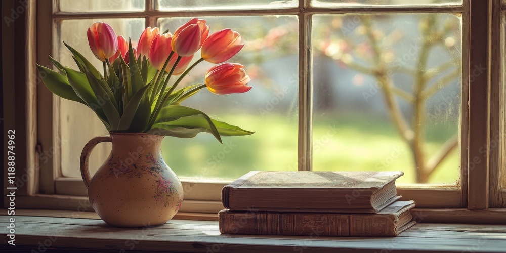 Poster Still life featuring a vase with tulips alongside an old book on a windowsill, capturing the charm of a cozy setting with tulips enhancing the aesthetic of thestill life composition.