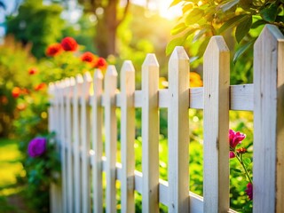 White Wooden Garden Lath Fence, Blurred Background - Portrait Photography