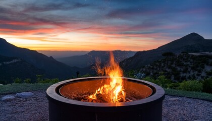 a fire pit with a fiery glow against a mountain sunset