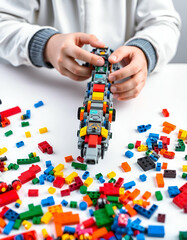 Naklejka premium a kid is playing with colorful blocks 