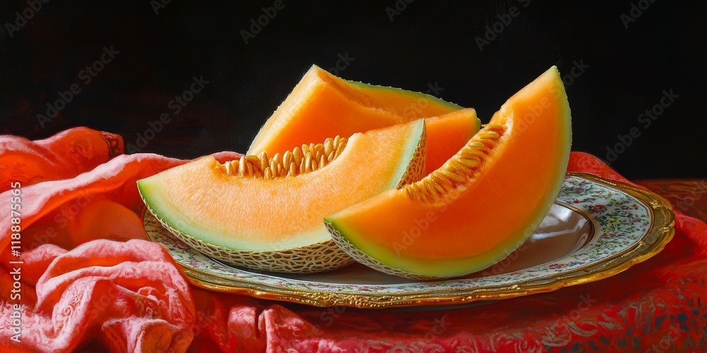Poster ripe melon displayed on a plate, showcasing half and slices of the ripe melon. the vibrant colors of