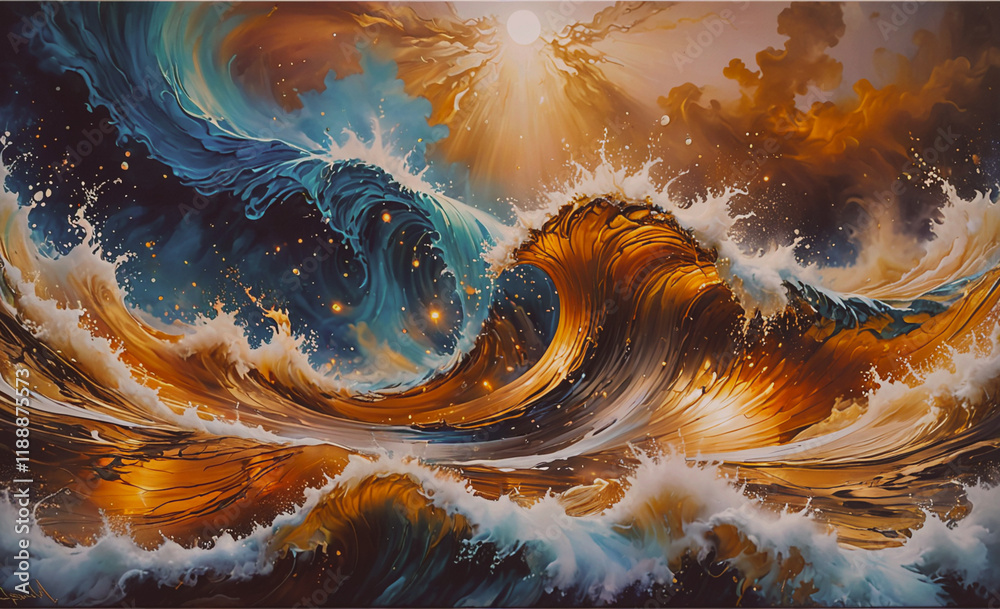 Poster Beautiful painting of a wave with a sun in the background. The sun is positioned in the middle of the wave, creating a sense of depth and movement. The colors of the wave and the sun are vibrant