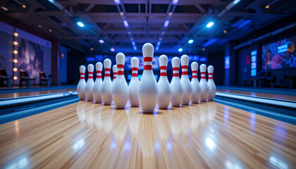 Bowling pins arranged neatly on the lane under colorful lights in a modern bowling alley setting