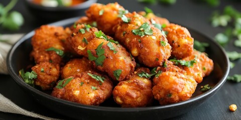 Fototapeta premium Crisp fried baby corn, also known as baby corn fritters, are made by deep frying steamed baby corn that is coated in a spicy flour batter. A delicious starter recipe featuring baby corn, perfect for