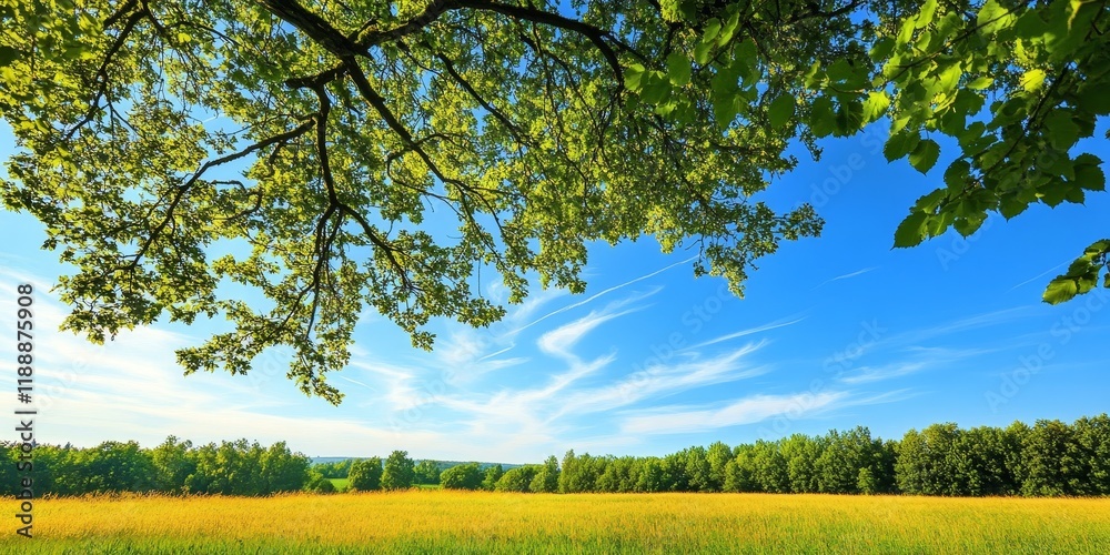 Poster leaves of a vibrant green tree are set against a clear blue sky within a spacious meadow, creating a