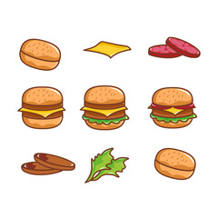 Food Illustrations Collection. Three different styles of burgers, ranging from a simple bun to a fully assembled burger with multiple toppings.