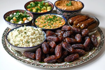 Fototapeta premium iftar meal during Ramadan, beautifully arranged with a variety of foods and a focal point of succulent dates on a decorative platter