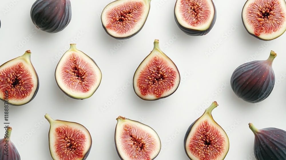 Poster Fresh figs placed on a pristine white background create an appealing visual. The freshness of figs is highlighted, making fresh figs a perfect choice for various culinary uses and presentations.