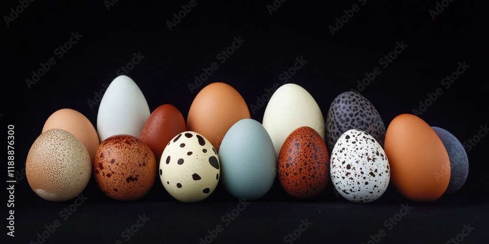 Poster Fifteen assorted eggs arranged on a dark background create a striking visual. This composition of eggs highlights their unique shapes and textures against the contrasting black backdrop.