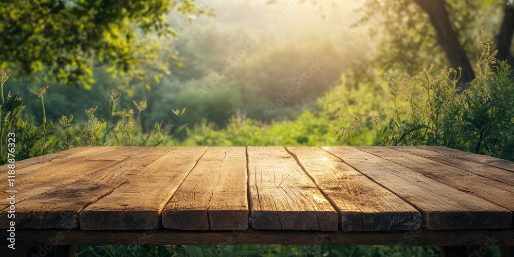 Poster wood table showcasing free space against a vibrant green nature background, perfect for emphasizing 