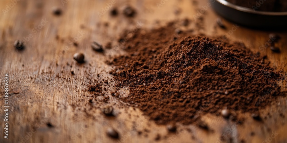 Poster A detailed view of freshly ground coffee rests on a wooden surface, highlighting the rich texture and color of the coffee grounds against the backdrop of wood.