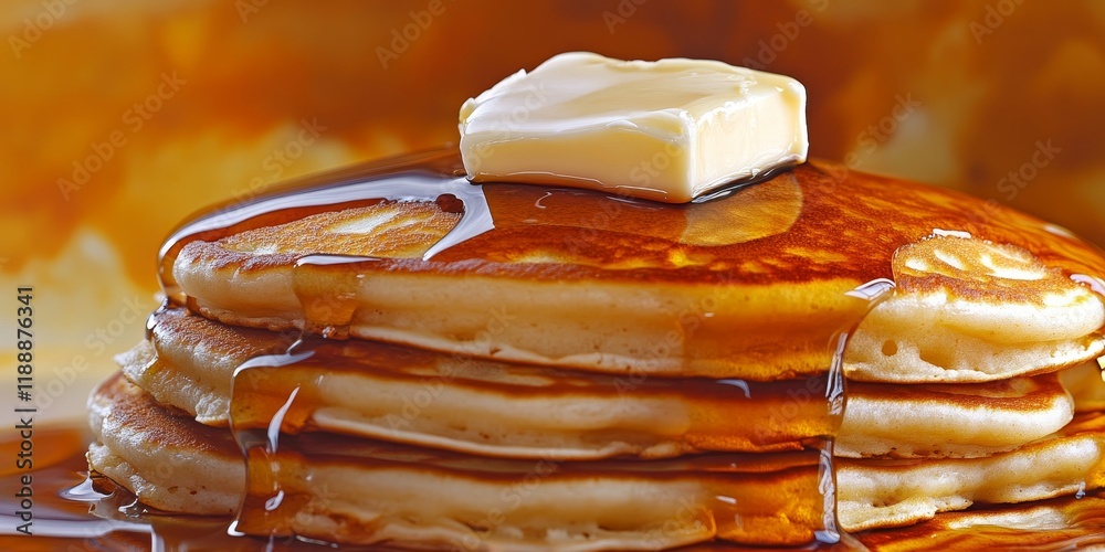 Poster A detailed view of soft, fluffy pancakes drizzled with syrup and complemented by a pat of butter on top. Fluffy pancakes with syrup and butter create a delicious sight.