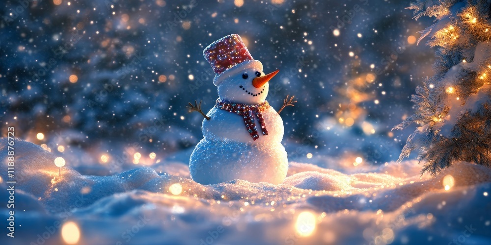 Poster snowman illuminated by festive lights creates a magical scene with snow. the snowman stands out in t