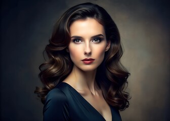 Naklejka premium Elegant and graceful, a woman poses confidently with sleek hair and a serene expression, epitomizing timeless beauty and sophistication in portrait photography