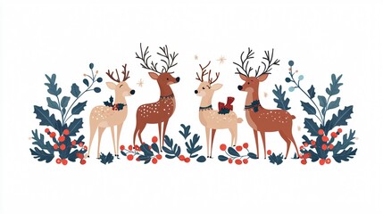 Adorable Reindeer and Helpers Celebrating Christmas with Holly Berries