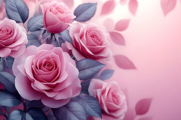 Fototapeta premium Pink roses bouquet, falling leaves, soft background, romantic design