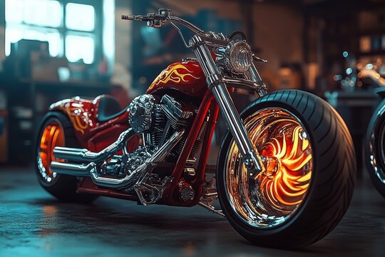 In a garage setting, a stunningly sleek red custom chopper motorcycle with an eyecatching flame paint job is prominently displayed, showcasing the intricate craftsmanship and unique design details