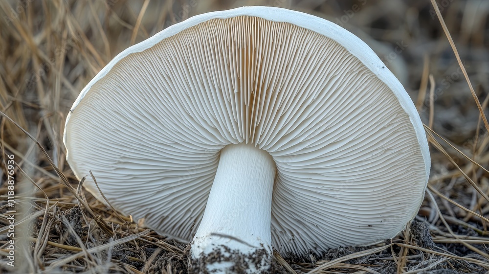 Aufkleber close up view of a large white mushroom, separate from its base, resting atop dry plants scattered a