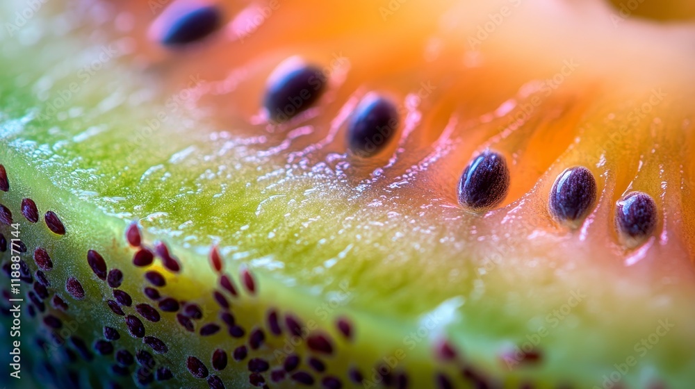 Poster macro view showcasing the intricate interior of a kiwi fruit, highlighting the vibrant colors and un