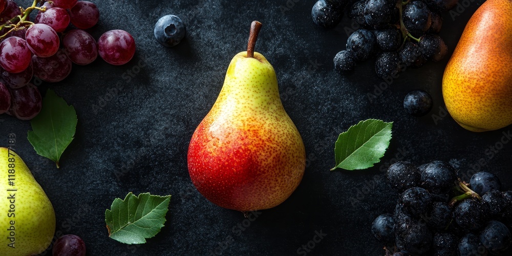 Poster fresh fruits including a pear displayed on a dark background, showcasing the vibrant colors and text