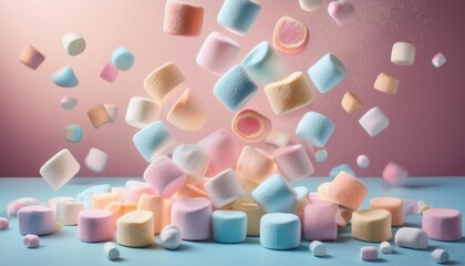 a colorful collection of marshmallows falling towards a pastel background