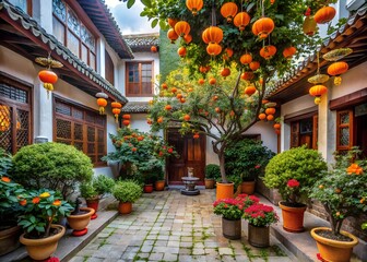 Naklejka premium A tranquil courtyard adorned with blossoming flowers and vibrant oranges, featuring traditional lanterns and a serene atmosphere.