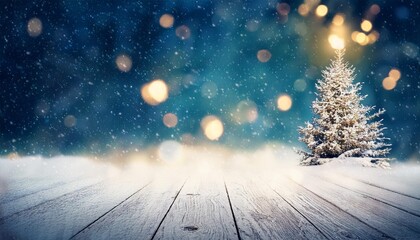 blurred of christmas tree and mild bokeh with snowstorm on wintry weather background