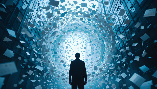Man in suit stands in city as papers swirl around creating a vortex of chaos and confusion in a modern urban landscape