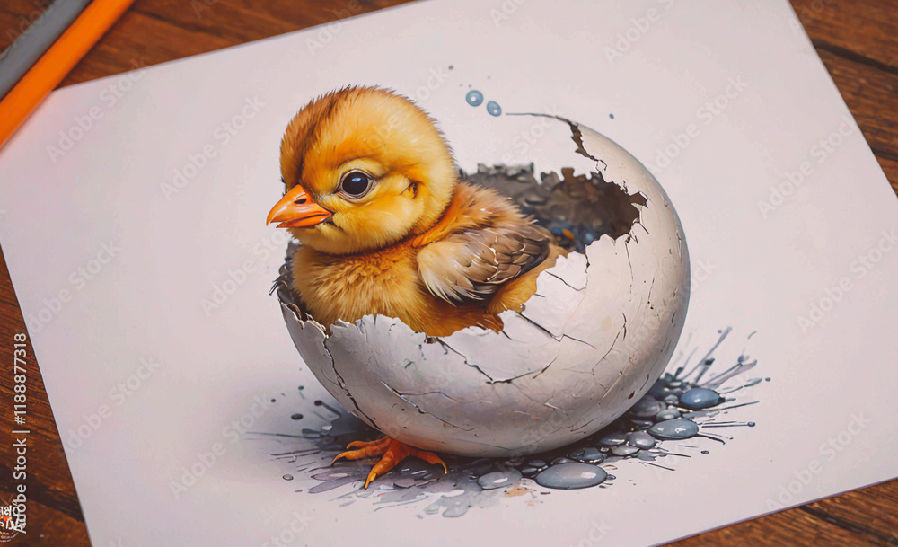 Poster drawing of a baby bird in an egg. the egg is cracked open and the bird is sitting inside