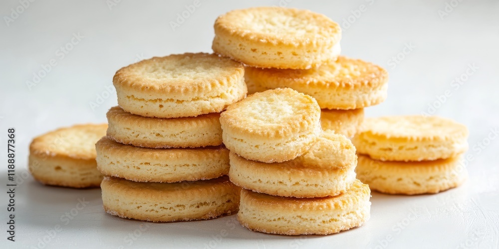 Poster delicious biscuits made with butter and sugar, beautifully arranged on a white background, featuring