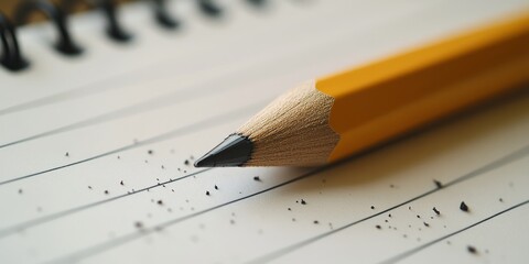 Pencil resting on a lined page of a notebook, showcasing the pencil s design and the notebook s layout, perfect for capturing ideas or notes with a pencil in hand.