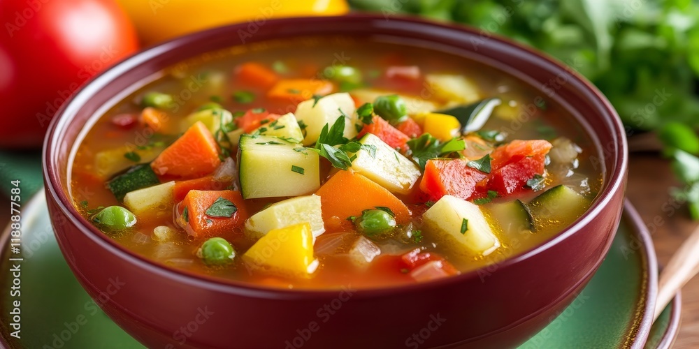 Aufkleber A vibrant plate of vegetable soup displayed on a table, showcasing a colorful array of fresh vegetables in a delicious bowl of vegetable soup, perfect for a healthy meal.