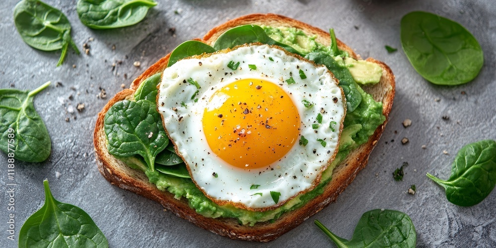 Poster avocado toast topped with spinach and a fried egg, viewed from above, showcases a delicious and nutr
