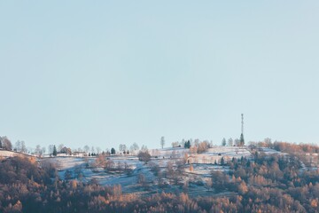 Treetops dusted with snow stand against a serene blue sky, revealing the peaceful transition from autumn to winter. Gentle hills create a calming rural panorama