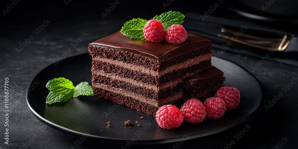 Poster chocolate cake slices adorned with fresh raspberries and mint leaves create a stunning visual on a b